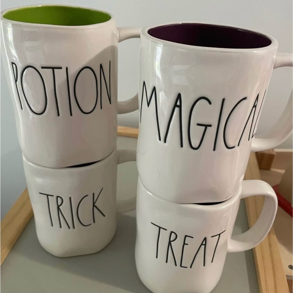 Rae Dunn White Mugs with Green and Purple Interiors